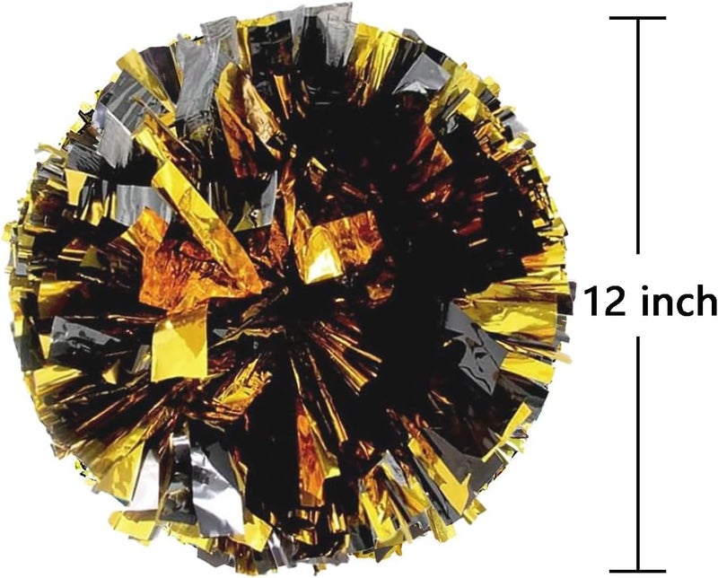 ZOOYOO Black and Gold Metallic Pom Poms Cheerleading, Fluffy Cheerleader Pom Poms 2 PCS 12 inch for Team Spirit Sports Dance Cheering Kids Adults - Image 2